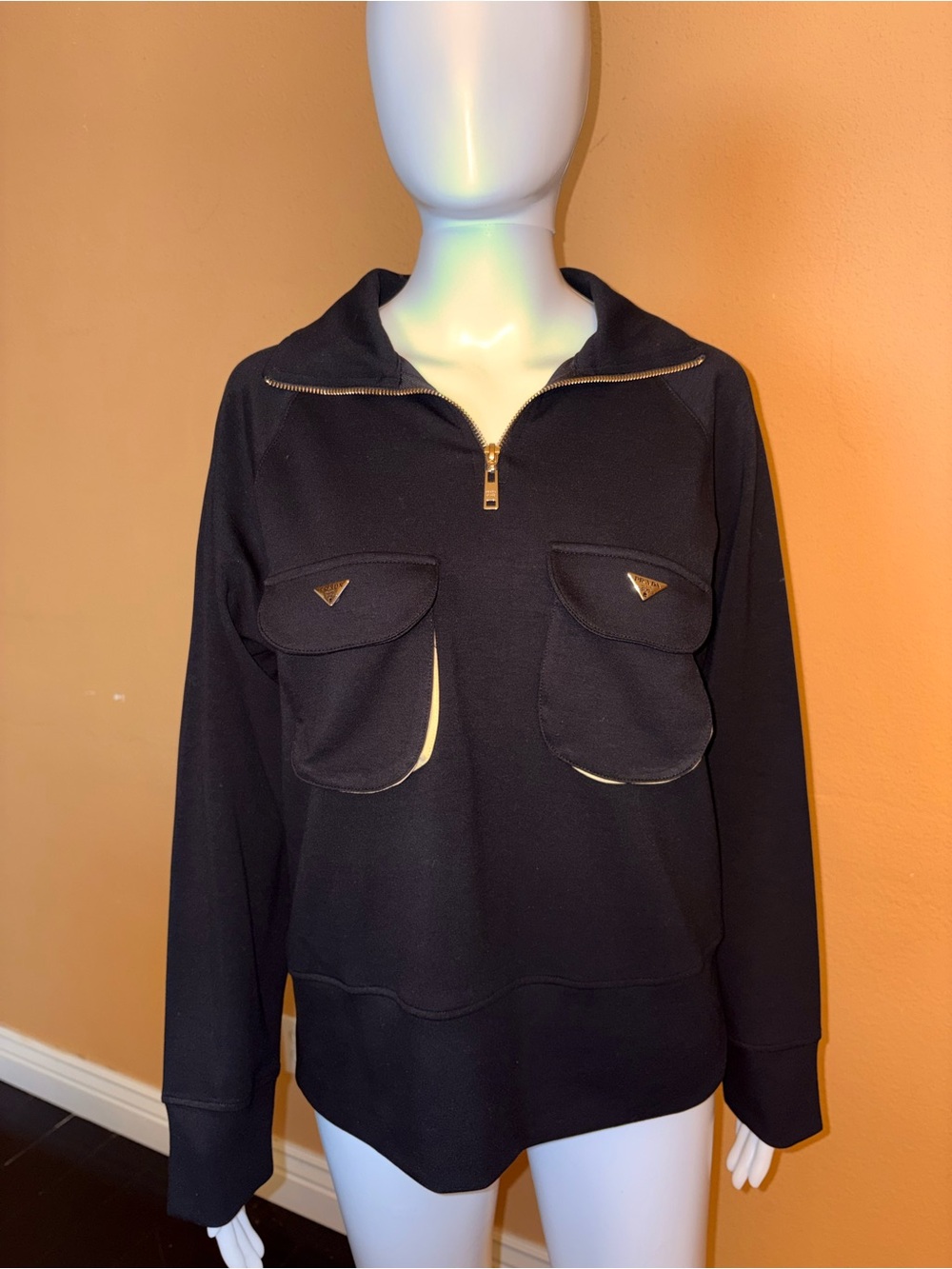 NWT Prada Black Quarter-Zip Pullover with Front Flap Pockets Size L/XL